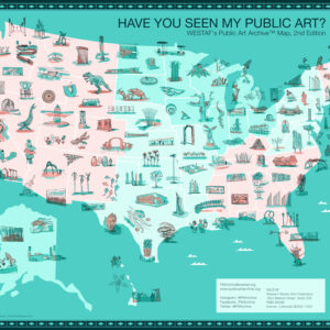 Illustrated map of the United States with depictions of public art in each state.