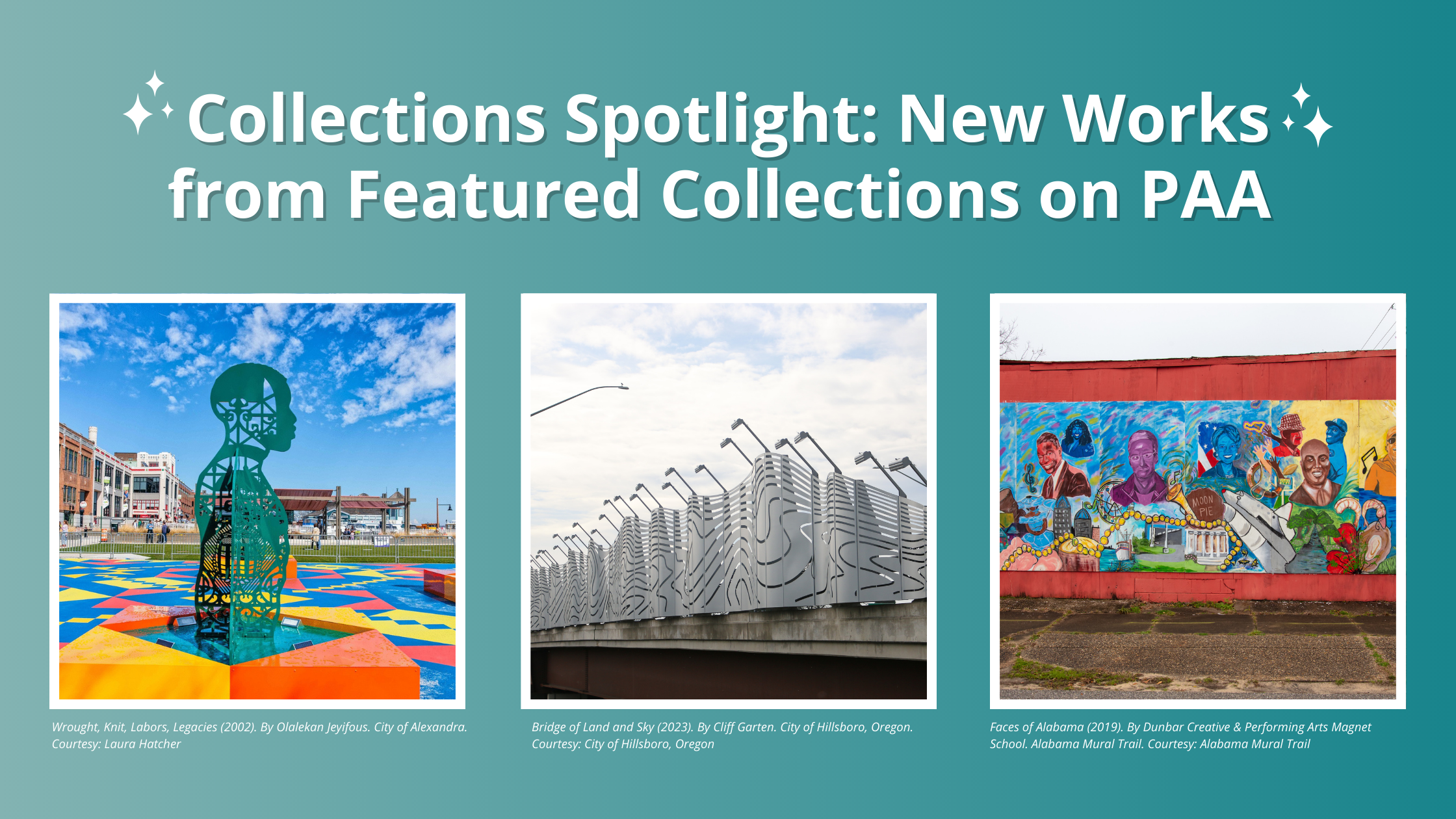 Collections Spotlight: New Works from Featured Collections on PAA placed on top of a blue/green background with three public art images right below.