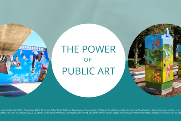 A dark and light teal rectangle with three circles placed on top. Two circles with images of public art and the middle circle says "The Power of Public Art"