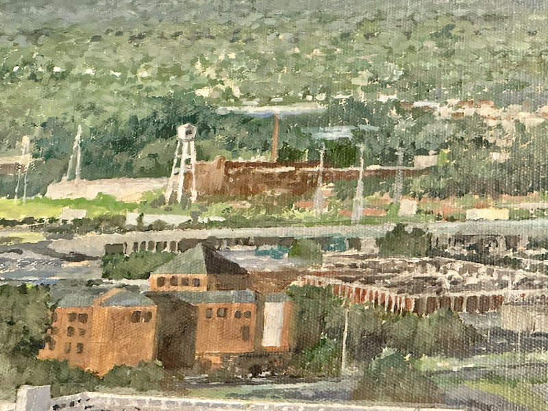 A landscape painting depicting a cluster of industrial buildings surrounded by greenery.