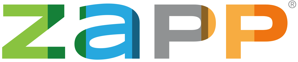Colorful ZAPP logo.