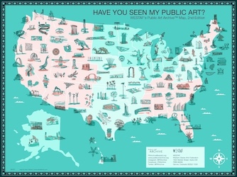 A dark green and teal map of public art throughout the United States.